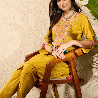 Mustard Viscose Rayon Solid Embroidered Straight Dhoti Pant Kurta Set VKSET1524