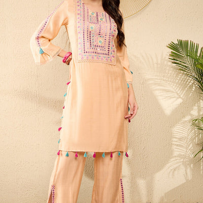 Peach Viscose Rayon Solid Embroidered Straight Trouser Kurta Set VKSET1525
