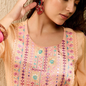 Peach Viscose Rayon Solid Embroidered Straight Trouser Kurta Set VKSET1525