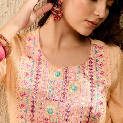 Peach Viscose Rayon Solid Embroidered Straight Trouser Kurta Set VKSET1525