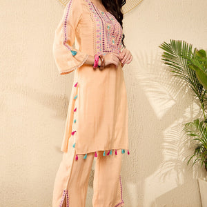 Peach Viscose Rayon Solid Embroidered Straight Trouser Kurta Set VKSET1525
