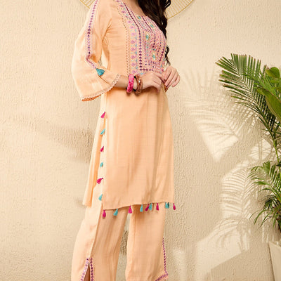 Peach Viscose Rayon Solid Embroidered Straight Trouser Kurta Set VKSET1525