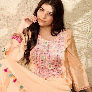 Peach Viscose Rayon Solid Embroidered Straight Trouser Kurta Set VKSET1525
