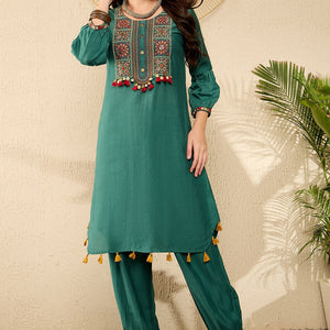 Teal Viscose Rayon Solid Embroidered Straight Salwar Kurta Set VKSET1526