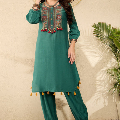 Teal Viscose Rayon Solid Embroidered Straight Salwar Kurta Set VKSET1526