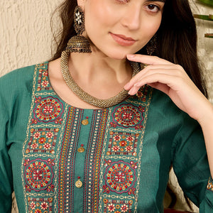 Teal Viscose Rayon Solid Embroidered Straight Salwar Kurta Set VKSET1526
