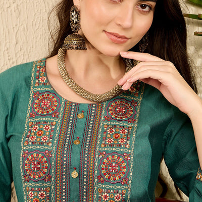 Teal Viscose Rayon Solid Embroidered Straight Salwar Kurta Set VKSET1526