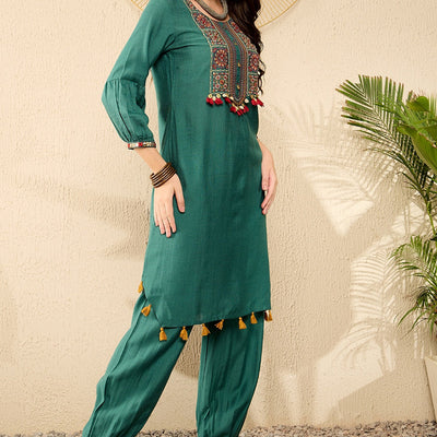 Teal Viscose Rayon Solid Embroidered Straight Salwar Kurta Set VKSET1526