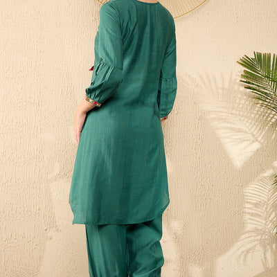 Teal Viscose Rayon Solid Embroidered Straight Salwar Kurta Set VKSET1526