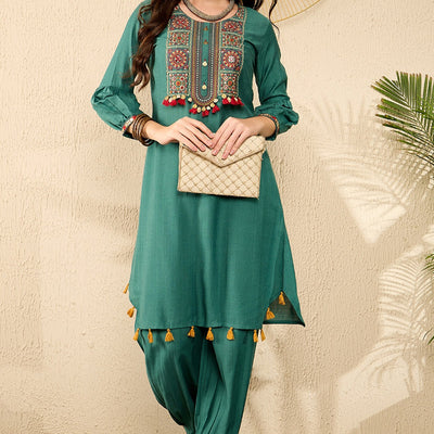 Teal Viscose Rayon Solid Embroidered Straight Salwar Kurta Set VKSET1526