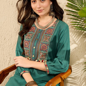 Teal Viscose Rayon Solid Embroidered Straight Salwar Kurta Set VKSET1526