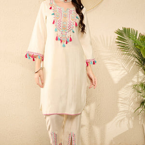 Off White Viscose Rayon Solid Embroidered Straight Trouser Kurta Set VKSET1527