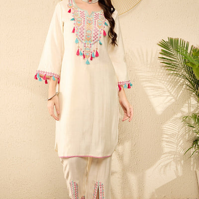 Off White Viscose Rayon Solid Embroidered Straight Trouser Kurta Set VKSET1527