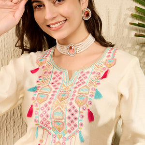 Off White Viscose Rayon Solid Embroidered Straight Trouser Kurta Set VKSET1527