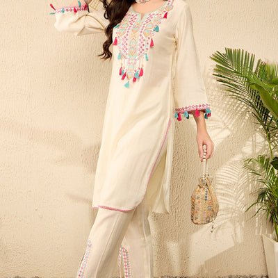Off White Viscose Rayon Solid Embroidered Straight Trouser Kurta Set VKSET1527