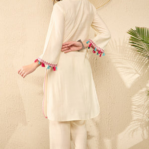 Off White Viscose Rayon Solid Embroidered Straight Trouser Kurta Set VKSET1527