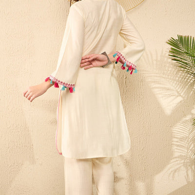 Off White Viscose Rayon Solid Embroidered Straight Trouser Kurta Set VKSET1527