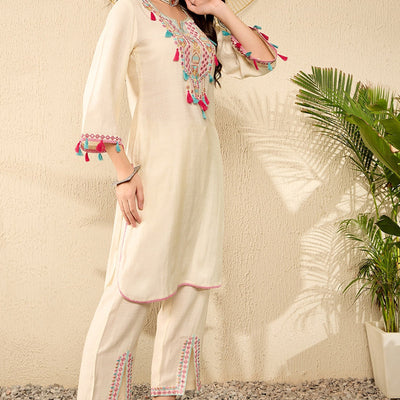 Off White Viscose Rayon Solid Embroidered Straight Trouser Kurta Set VKSET1527