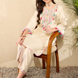 Off White Viscose Rayon Solid Embroidered Straight Trouser Kurta Set VKSET1527
