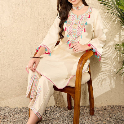 Off White Viscose Rayon Solid Embroidered Straight Trouser Kurta Set VKSET1527