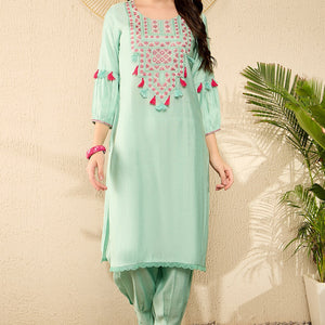 Sea Green Viscose Rayon Solid Embroidered Straight Salwar Kurta Set VKSET1528