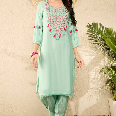 Sea Green Viscose Rayon Solid Embroidered Straight Salwar Kurta Set VKSET1528