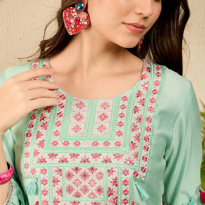 Sea Green Viscose Rayon Solid Embroidered Straight Salwar Kurta Set VKSET1528