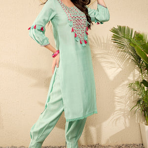 Sea Green Viscose Rayon Solid Embroidered Straight Salwar Kurta Set VKSET1528