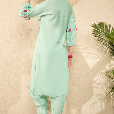 Sea Green Viscose Rayon Solid Embroidered Straight Salwar Kurta Set VKSET1528