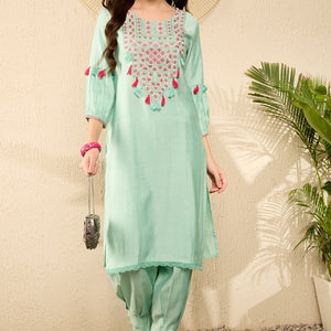 Sea Green Viscose Rayon Solid Embroidered Straight Salwar Kurta Set VKSET1528