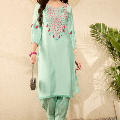 Sea Green Viscose Rayon Solid Embroidered Straight Salwar Kurta Set VKSET1528