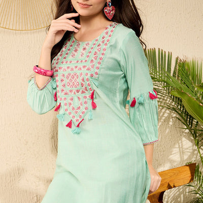 Sea Green Viscose Rayon Solid Embroidered Straight Salwar Kurta Set VKSET1528