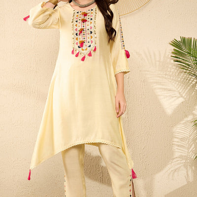 Yellow Viscose Rayon Solid Embroidered A-Line Trouser Kurta Set VKSET1529