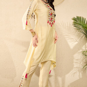 Yellow Viscose Rayon Solid Embroidered A-Line Trouser Kurta Set VKSET1529