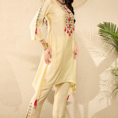 Yellow Viscose Rayon Solid Embroidered A-Line Trouser Kurta Set VKSET1529