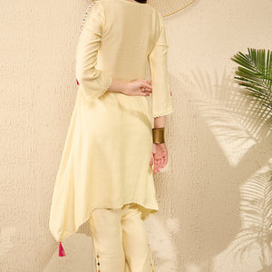 Yellow Viscose Rayon Solid Embroidered A-Line Trouser Kurta Set VKSET1529