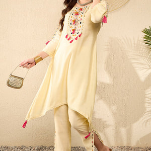 Yellow Viscose Rayon Solid Embroidered A-Line Trouser Kurta Set VKSET1529