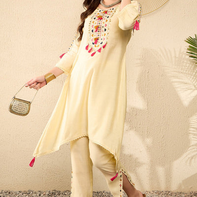 Yellow Viscose Rayon Solid Embroidered A-Line Trouser Kurta Set VKSET1529