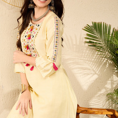 Yellow Viscose Rayon Solid Embroidered A-Line Trouser Kurta Set VKSET1529