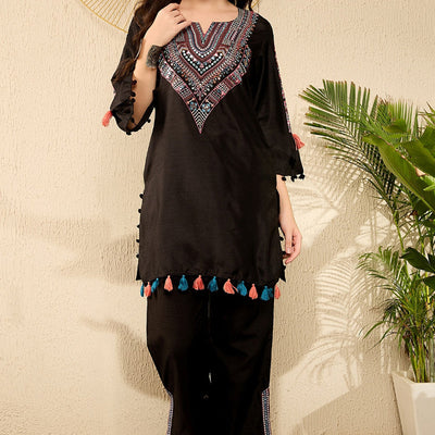 Black Viscose Rayon Solid Embroidered Straight Trouser Kurta Set VKSET1530