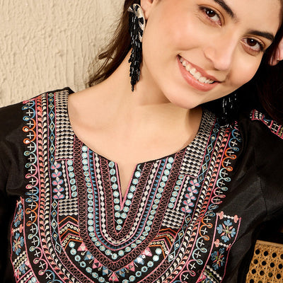 Black Viscose Rayon Solid Embroidered Straight Trouser Kurta Set VKSET1530