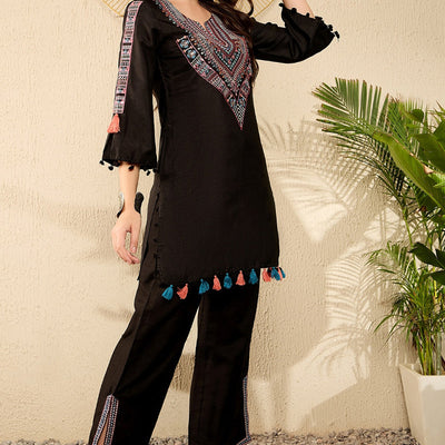 Black Viscose Rayon Solid Embroidered Straight Trouser Kurta Set VKSET1530