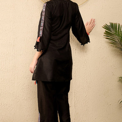 Black Viscose Rayon Solid Embroidered Straight Trouser Kurta Set VKSET1530