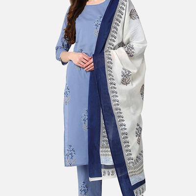 Women Cotton Blue Ethnic Motifs Printed Straight Kurta Palazzo Dupatta Set VKSKD1059