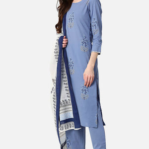 Women Cotton Blue Ethnic Motifs Printed Straight Kurta Palazzo Dupatta Set VKSKD1059