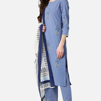 Women Cotton Blue Ethnic Motifs Printed Straight Kurta Palazzo Dupatta Set VKSKD1059