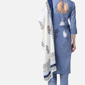 Women Cotton Blue Ethnic Motifs Printed Straight Kurta Palazzo Dupatta Set VKSKD1059
