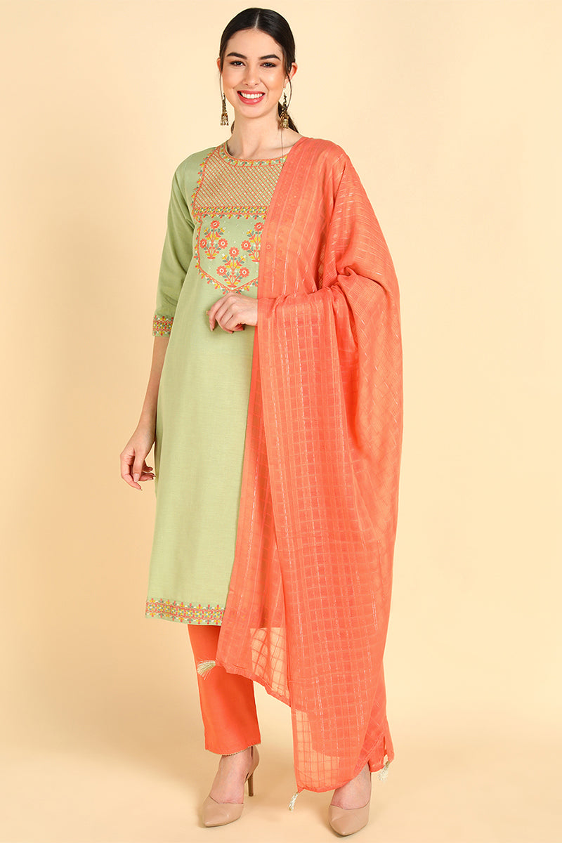 Green Embroidered Kurta Trousers With Dupatta VKSKD1403