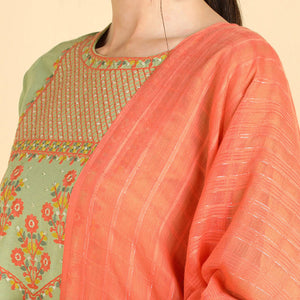 Green Embroidered Kurta Trousers With Dupatta VKSKD1403