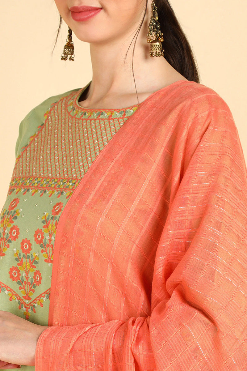 Green Embroidered Kurta Trousers With Dupatta VKSKD1403